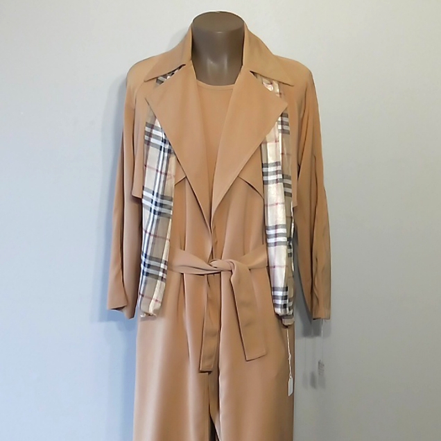 Burberry 3pc Tan Trench Coat,Tank & Pants Set With Plaid Accent By Connie's Moon